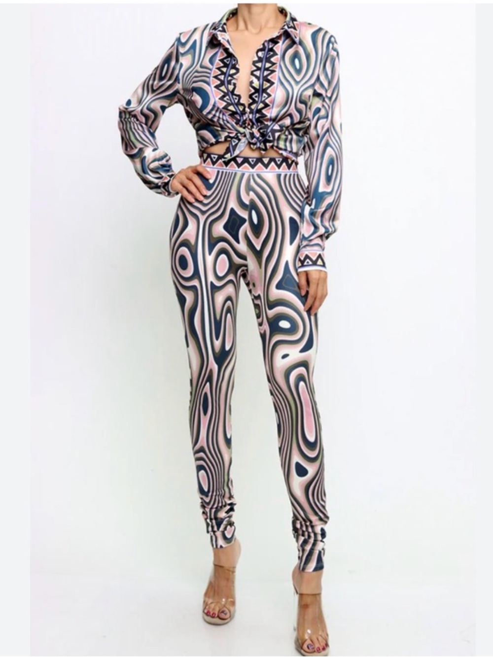 Abstract Swirl High-Waist Leggings - Pink & Blue